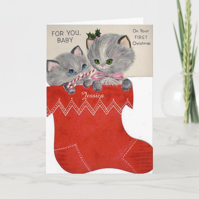 Cartes Pour Fêtes Annuelles Premier Noël de bébé avec de mignons chatons en ch (Devant)