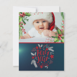 Cartes Pour Fêtes Annuelles Premier Noël de Bébé, Baies de Houx, Photo, Vert