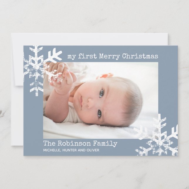Cartes Pour Fêtes Annuelles Premier Noël de bébé Dusty Blue Photo Snowflakes (Devant)