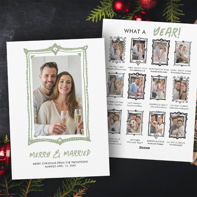 Cartes Pour Fêtes Annuelles Premier Noël de Mariés, Annonce de Mariage Amusant (casual wedding announcement hand drawn first year married christmas card newlywed year review)
