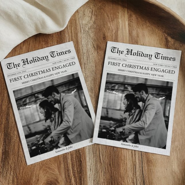 Cartes Pour Fêtes Annuelles Premier Noël du journal Engagé unique (First Christmas Engaged Newspaper Holiday Card with Photo, Engagement Announcement )