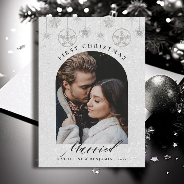 Cartes Pour Fêtes Annuelles Premier Noël Éclairage Marié Sparkings Boho Photo  (christmas card first married couple black white glitter boho arch modern minimalist calligraphy)