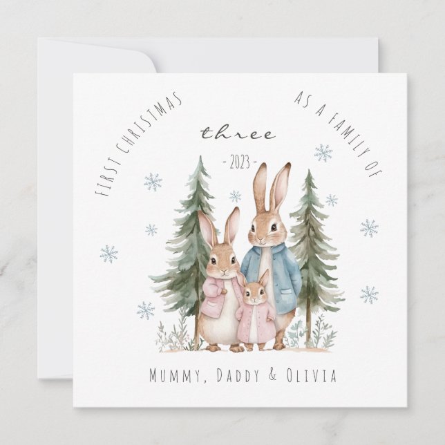 Cartes Pour Fêtes Annuelles Premier Noël en famille de trois lapins (Devant)