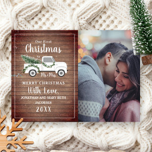 Cartes Pour Fêtes Annuelles Premier Noël Marié Couple Camion Bois Photo