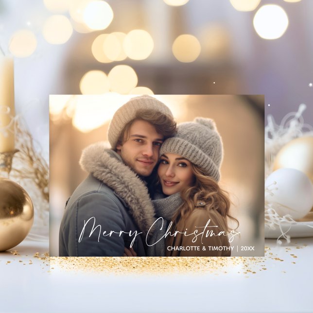 Cartes Pour Fêtes Annuelles Premier Noël Marié Engagé Blanc | PHOTO (First Christmas Married Engaged White  PHOTO Holiday Postcard)
