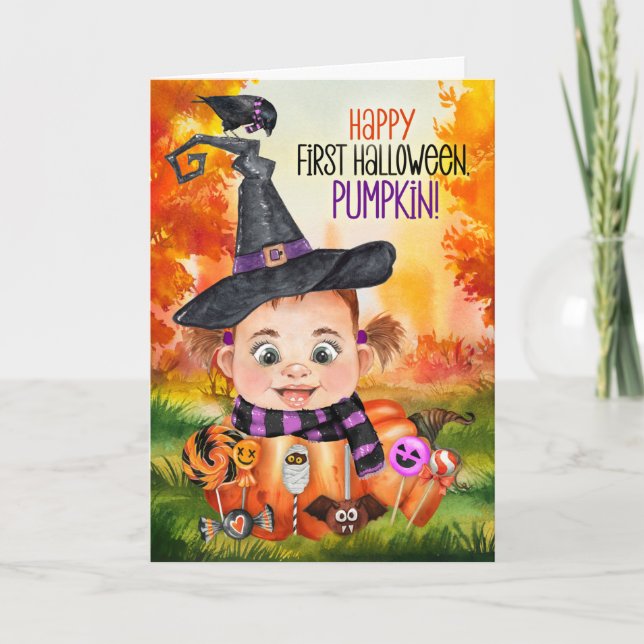 Cartes Pour Fêtes Annuelles Première Halloween de sorcière de petite fille (Devant)