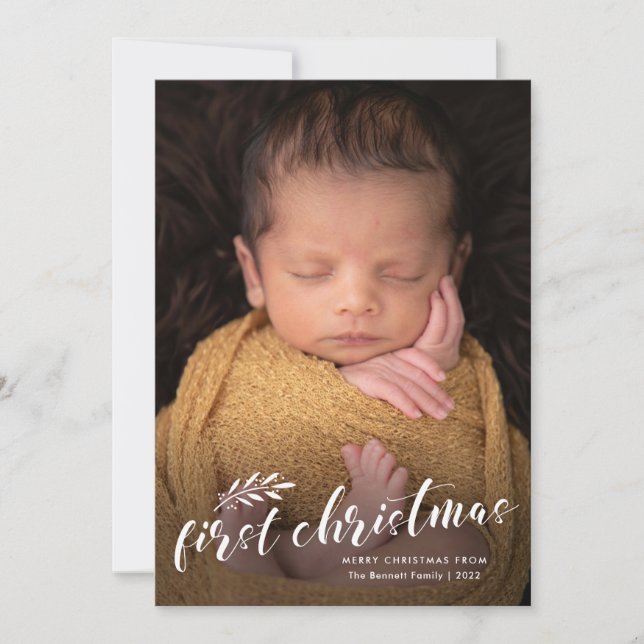 Cartes Pour Fêtes Annuelles Première photo de bébé manuscrite de Noël (Devant)