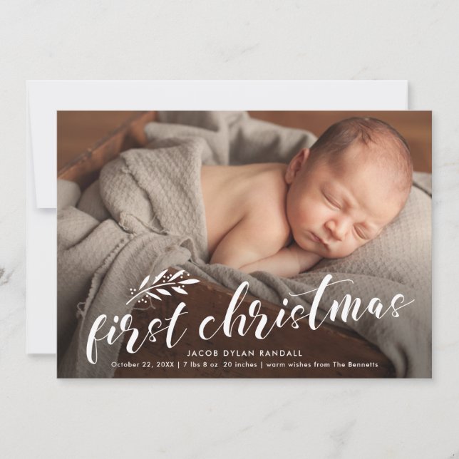 Cartes Pour Fêtes Annuelles Première photo de bébé manuscrite de Noël (Devant)