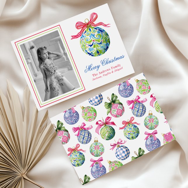 Cartes Pour Fêtes Annuelles Préppy Christmas Baubles Ornaments Photo Holiday (Créateur téléchargé)