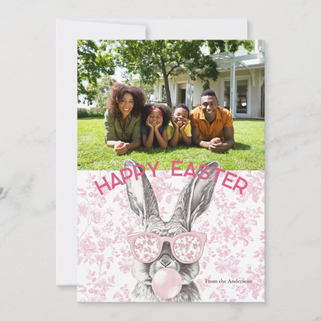 Cartes Pour Fêtes Annuelles Preppy Floral Bubblegum Bunny Photo personnalisée  (Devant)