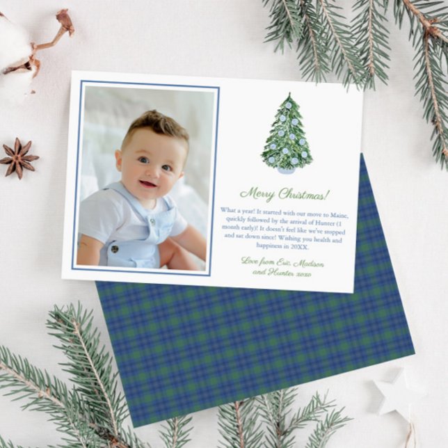 Cartes Pour Fêtes Annuelles Préppy Ginger Jar Ornements Joyeux Noël Photo (Elegant chinoiserie christmas tree photo holidays card with blue green tartan reverse)