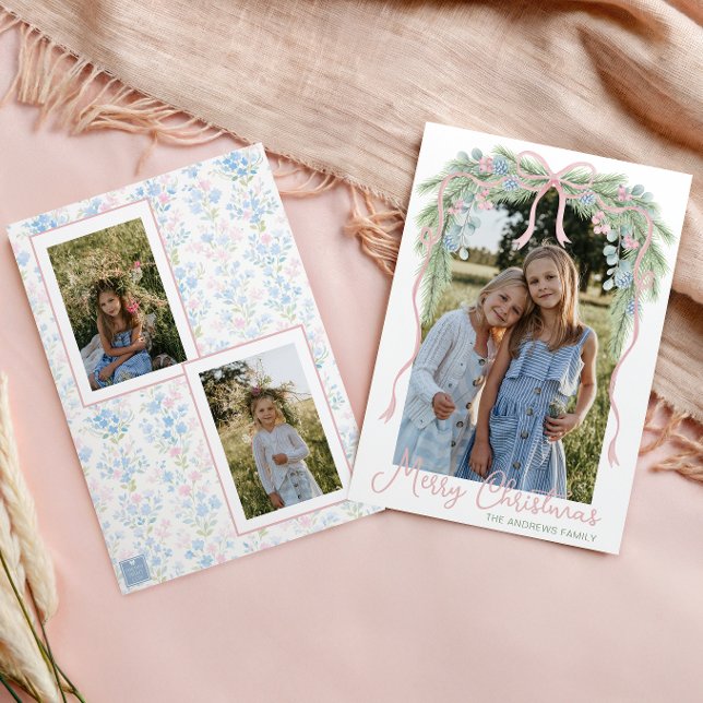 Cartes Pour Fêtes Annuelles Preppy Grandmillennial Christmas Bow Swag Photo (Créateur téléchargé)