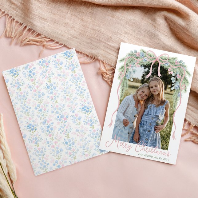 Cartes Pour Fêtes Annuelles Preppy Grandmillennial Christmas Bow Swag Photo (Créateur téléchargé)