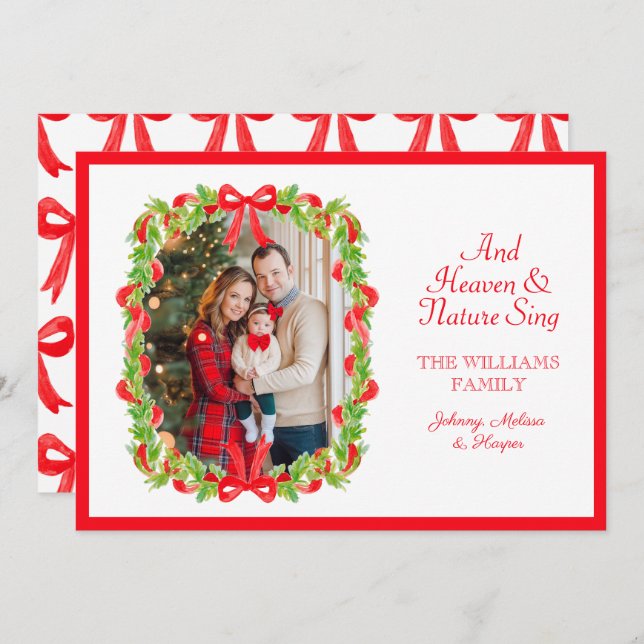 Cartes Pour Fêtes Annuelles Préppy Grandmillennial Red Bows Ribbon Garland (Devant / Derrière)