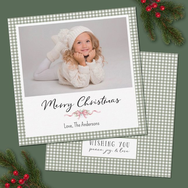 Cartes Pour Fêtes Annuelles Preppy Green Gingham Christmas Photo Card (A cute and festive green gingham plaid photo Christmas Card. Personalize with your photo and info.)
