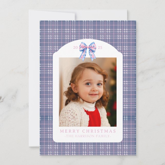 Cartes Pour Fêtes Annuelles Preppy Pink and Blue Plaid Chinoiserie Bow (Devant)