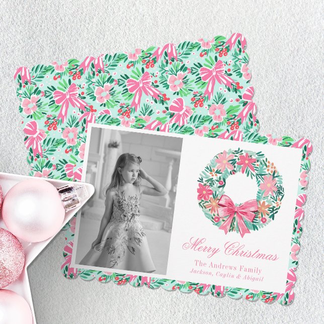 Cartes Pour Fêtes Annuelles Preppy Pink & Green Palm Beach Wreath Photo (Créateur téléchargé)
