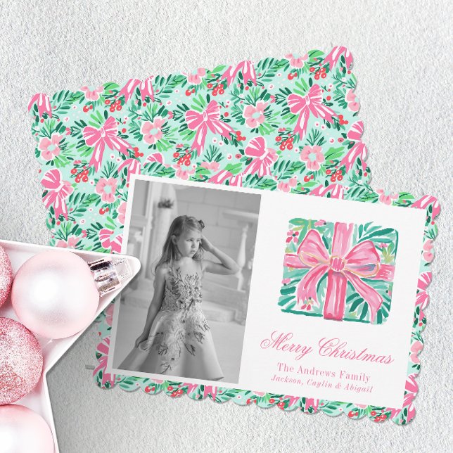 Cartes Pour Fêtes Annuelles Préppy rose et vert Palm Beach présent Noël (Créateur téléchargé)