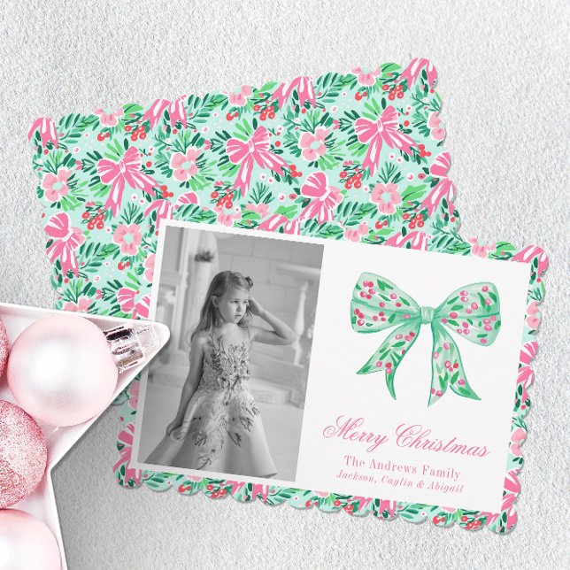 Cartes Pour Fêtes Annuelles Preppy Rose & Green Palm Beach Christmas Bow (Créateur téléchargé)