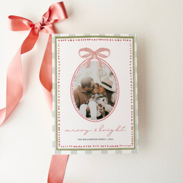 Cartes Pour Fêtes Annuelles Preppy Vintage Pink Bow Famille Photo Noël (Preppy Pink Watercolor Family Photo Christmas Card)
