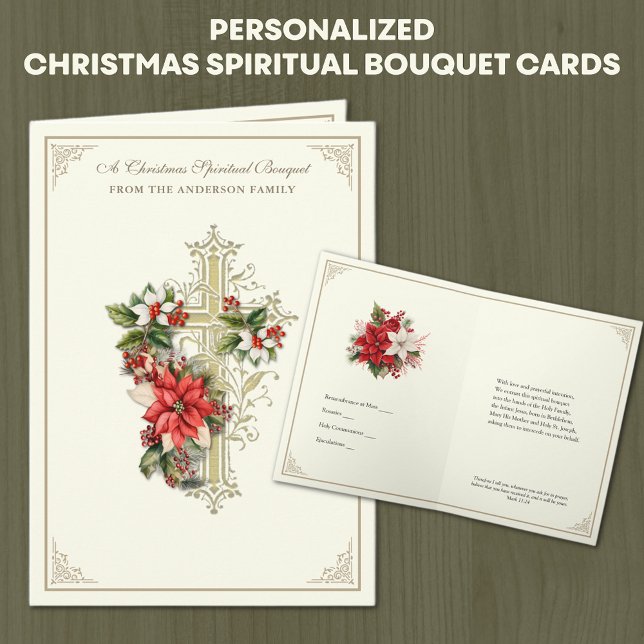 Cartes Pour Fêtes Annuelles Prière de Bouquet spirituel catholique Rosaire (Traditional Christmas Catholic Spiritual Bouquet Card With Gold Cross and Red Poinsettias )