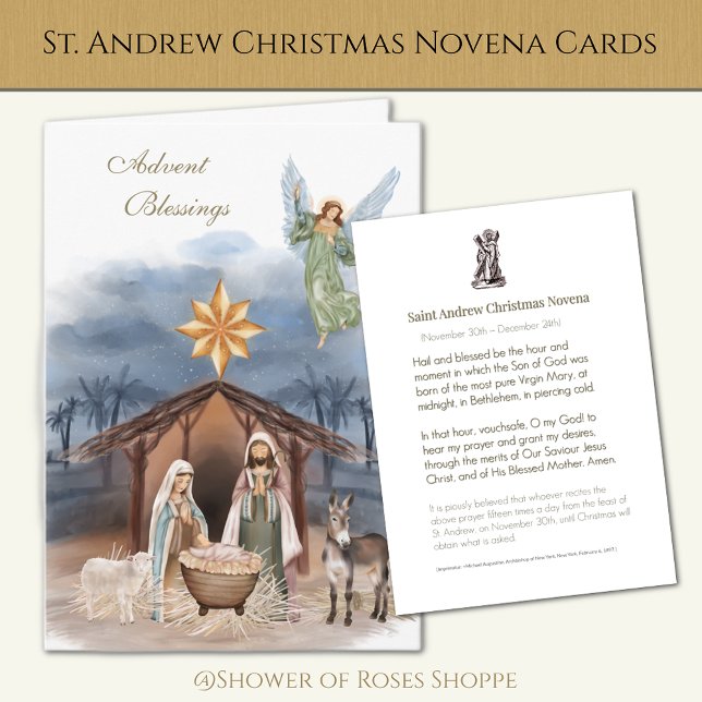 Cartes Pour Fêtes Annuelles Prière religieuse St. Andrew Noël Novena (Watercolor Nativity Scene with St. Andrew Christmas Novena inside. )