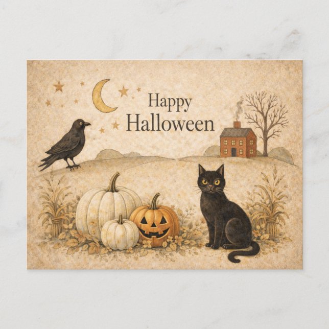 Cartes Pour Fêtes Annuelles Primitive Black Cat Folk Art Halloween (Devant)