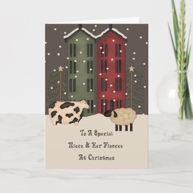 Cartes Pour Fêtes Annuelles Primitive Vache Mouton Nièce Fiancée Noël (Devant)