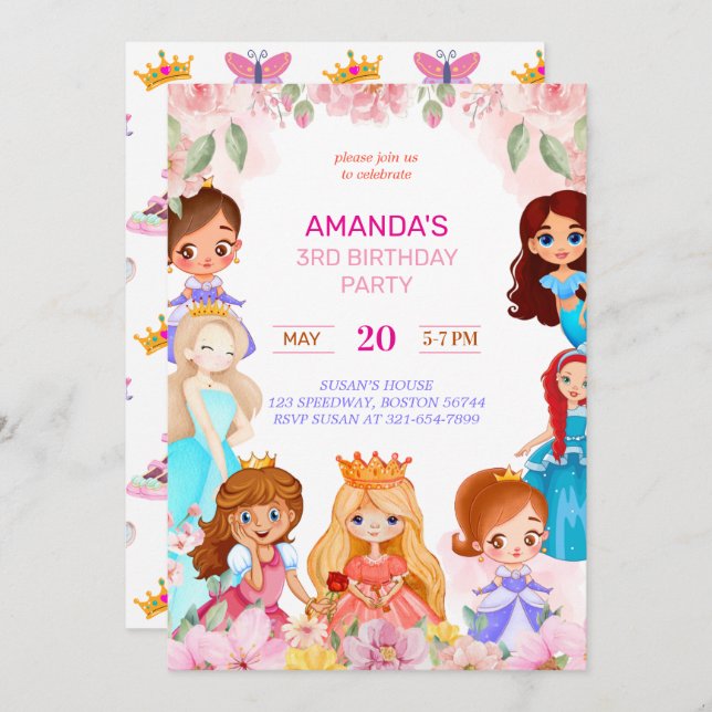 Cartes Pour Fêtes Annuelles Princesse Fille Fête d'anniversaire 3e année Invit (Devant / Derrière)