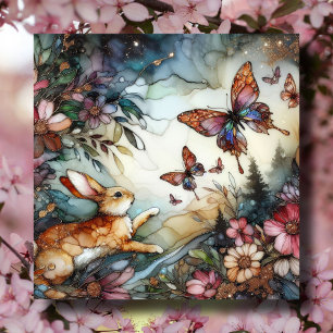 Cartes Pour Fêtes Annuelles Printemps Lapin Et Papillons Verre Tiré Pâques