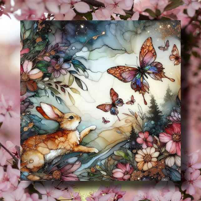 Cartes Pour Fêtes Annuelles Printemps Lapin Et Papillons Verre Tiré Pâques (Créateur téléchargé)