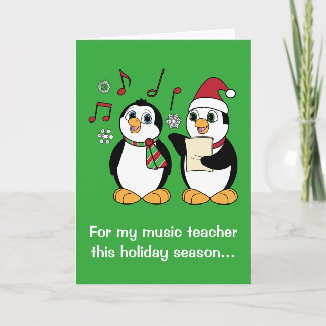 Cartes Pour Fêtes Annuelles Professeur de musique : Pingouins Caroling de Noël (Devant)