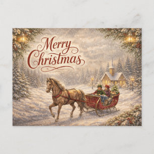 Cartes Pour Fêtes Annuelles Promenade en traîneau enneigé vintage Joyeux Noël