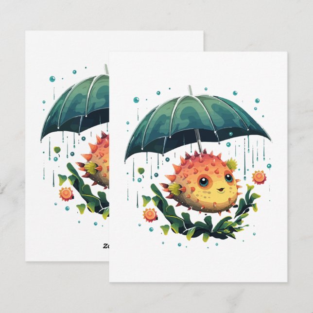 Cartes Pour Fêtes Annuelles Puffer Fish Rainy Day avec parapluie (Devant / Derrière)