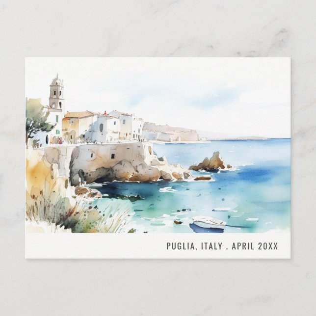 Cartes Pour Fêtes Annuelles Puglia, Italy Watercolor Landscape Travel (Devant)