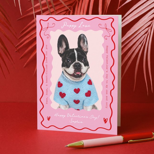 Cartes Pour Fêtes Annuelles Puppy Love Pink Red Retro Dog Pet Photo Valentines (Puppy Love Pink Red Retro Dog Pet Photo Valentines Holiday Card)