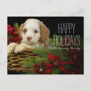 Cartes Pour Fêtes Annuelles Puppy sitting in basket with Christmas pine