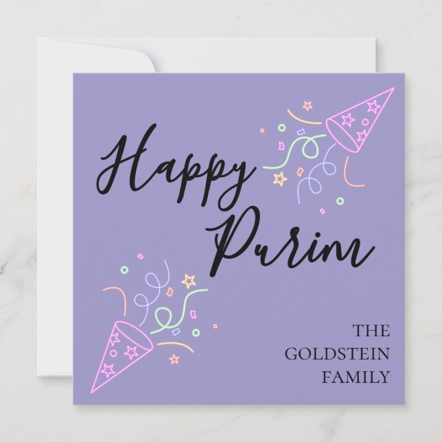 Cartes Pour Fêtes Annuelles Purim Purple Neon Party Hat Mishloach Manot Name (Devant)
