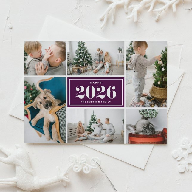 Cartes Pour Fêtes Annuelles Purple 2025 Happy New Year Photo Collage (Send 2026 new year cheer with this customizable purple photo collage Happy New Year Postcard. )