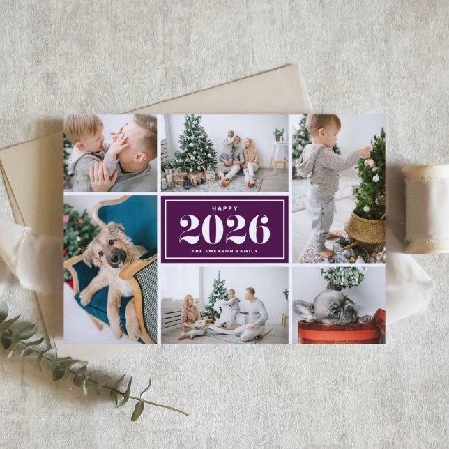 Cartes Pour Fêtes Annuelles Purple 2025 Happy New Year Photo Collage (Send 2026 new year cheer with this customizable purple photo collage Happy New Year Card. )