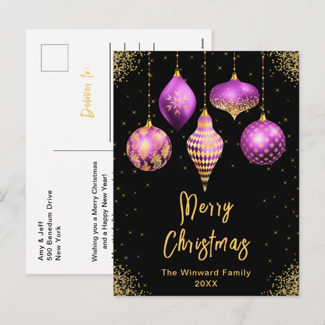 Cartes Pour Fêtes Annuelles Purple and Gold Ornaments Merry Christmas (Devant / Derrière)