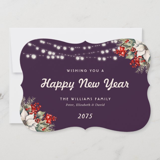 Cartes Pour Fêtes Annuelles Purple Botanical String Lights New Year Card (Devant)