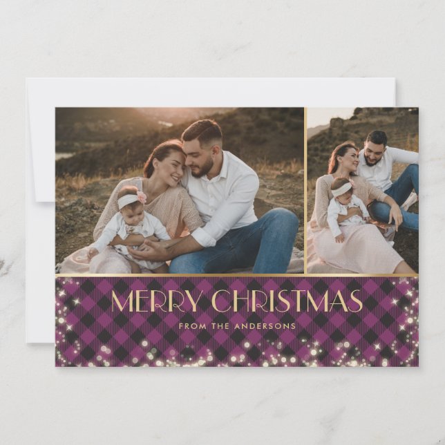 Cartes Pour Fêtes Annuelles Purple Buffalo Plaid Gold Photo Noël (Devant)