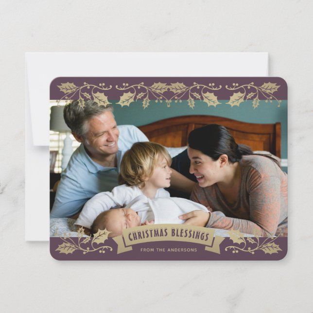 Cartes Pour Fêtes Annuelles Purple Christmas Blessings Holly Berries Photo (Devant)