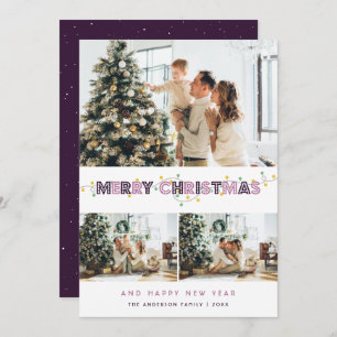 Cartes Pour Fêtes Annuelles Purple Christmas Lights 3 Photo Collage