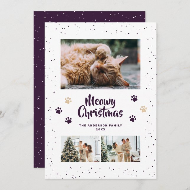 Cartes Pour Fêtes Annuelles Purple Cute Meowy Christmas Snow Photo (Devant / Derrière)