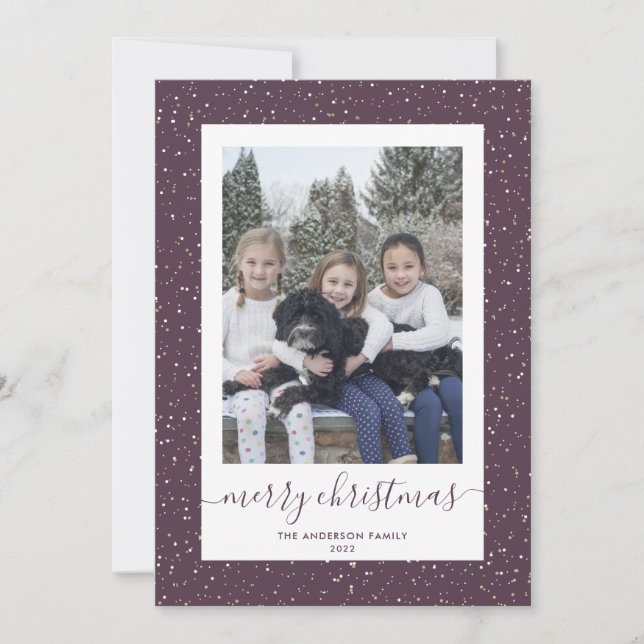 Cartes Pour Fêtes Annuelles Purple Gold Snowy Photo Merry Christmas Cards (Devant)