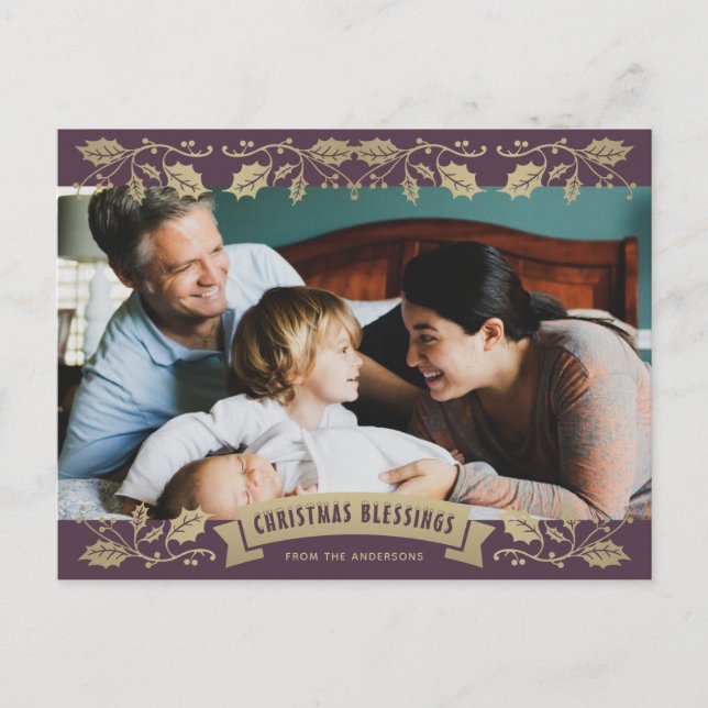 Cartes Pour Fêtes Annuelles Purple Holly religion chrétienne Photo Noël (Devant)