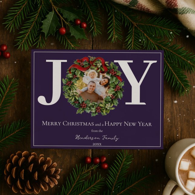 Cartes Pour Fêtes Annuelles Purple Joy Christmas Wreath Photo (Purple Joy Christmas Wreath Photo Holiday Card)
