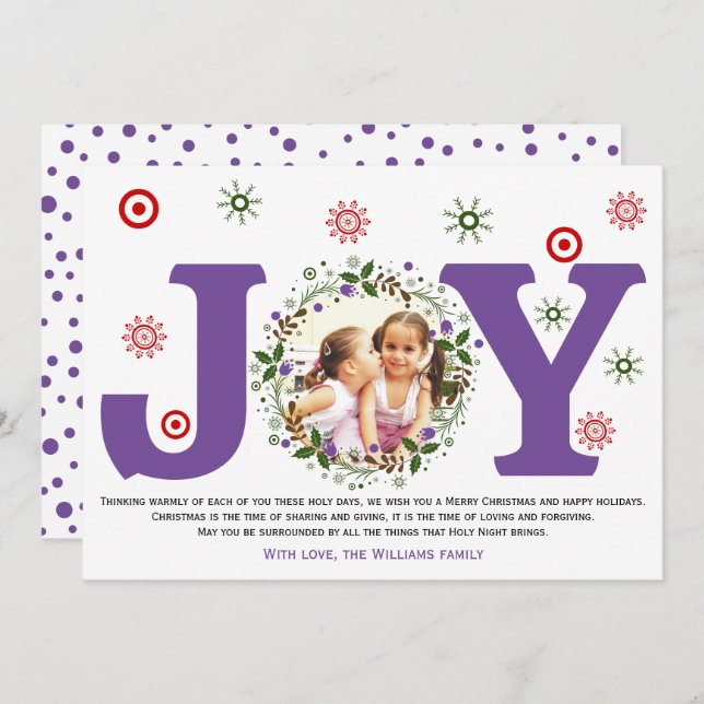 Cartes Pour Fêtes Annuelles Purple Joy, photo de la couronne de fleurs de Noël (Devant / Derrière)